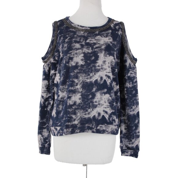 Hologram Sz XS Navy Gray Gunmetal Tie Dye Cold Shoulder 100% Cotton Sweater - Picture 1 of 15